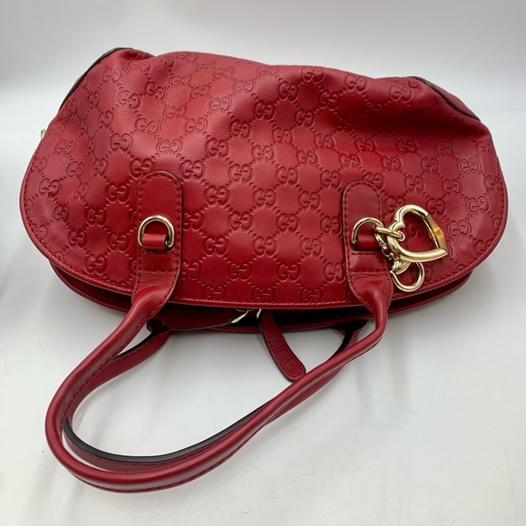 Auth Gucci Red Guccisima Leather Small Bowler Bag Gold Heart Charm Preloved - Picture 6 of 15
